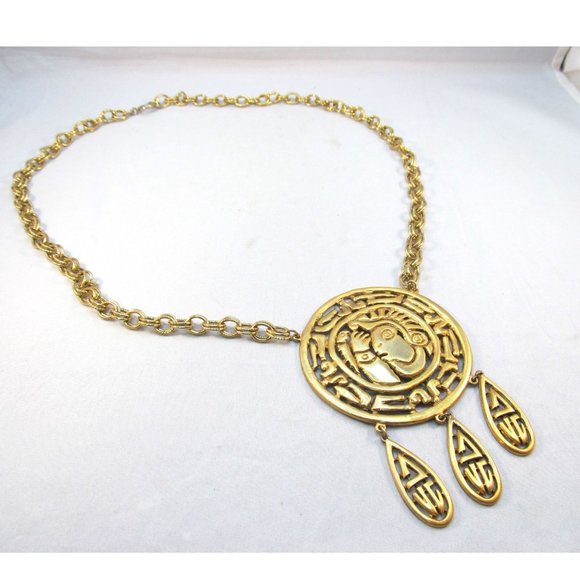 Vintage Signed Tortolani Gold Plated Mayan Design Pendant Necklace - Picture 2 of 12
